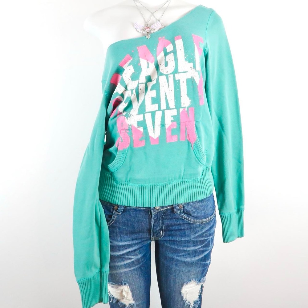 vintage y2k teal graphic American eagle sweatshirt pink white 2000s off shoulder